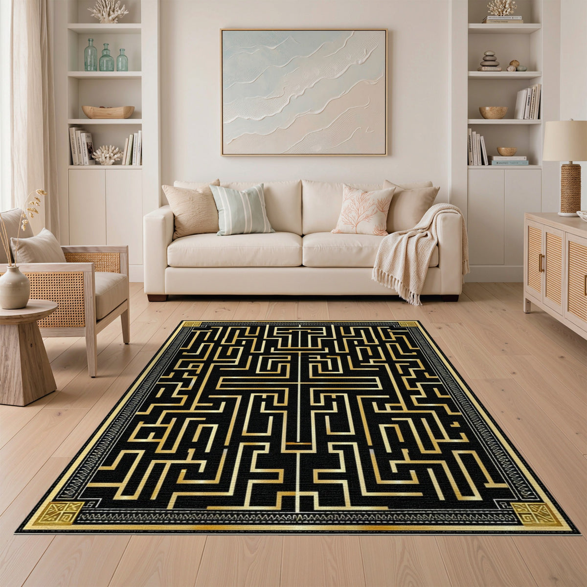 Gold and Silver Black Gold Geometric Maze Area Rug