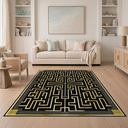 Gold and Silver Black Gold Geometric Maze Area Rug