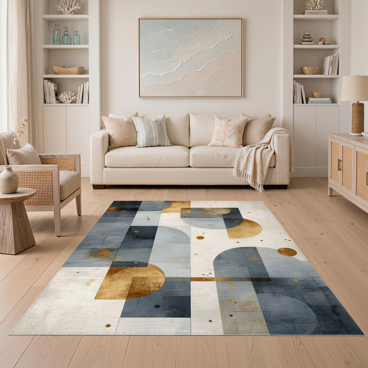 Geometric Blue Grey Gold Area Rug
