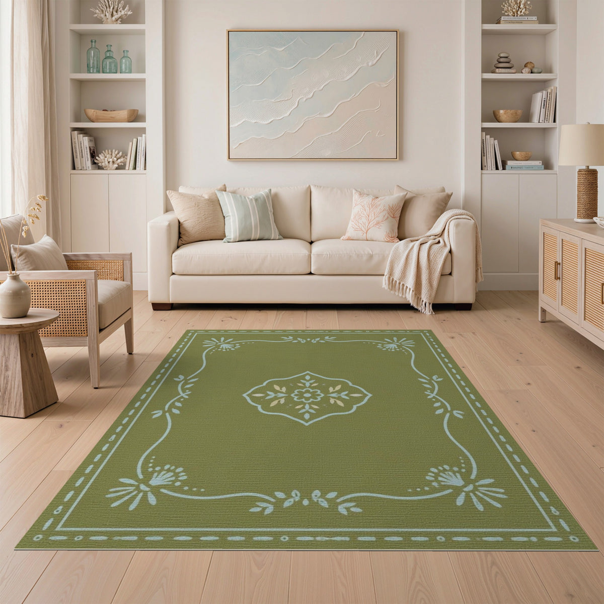 Sage Green Vintage Floral Medallion Rug