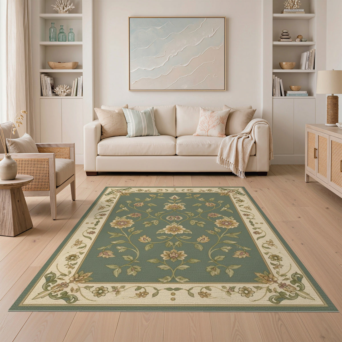 Green Floral Vintage Area Rug