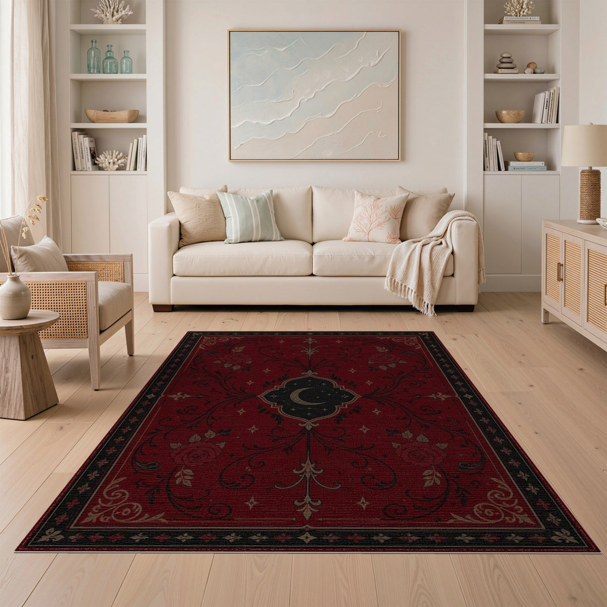 Red Rose Crescent Moon Floral Rug