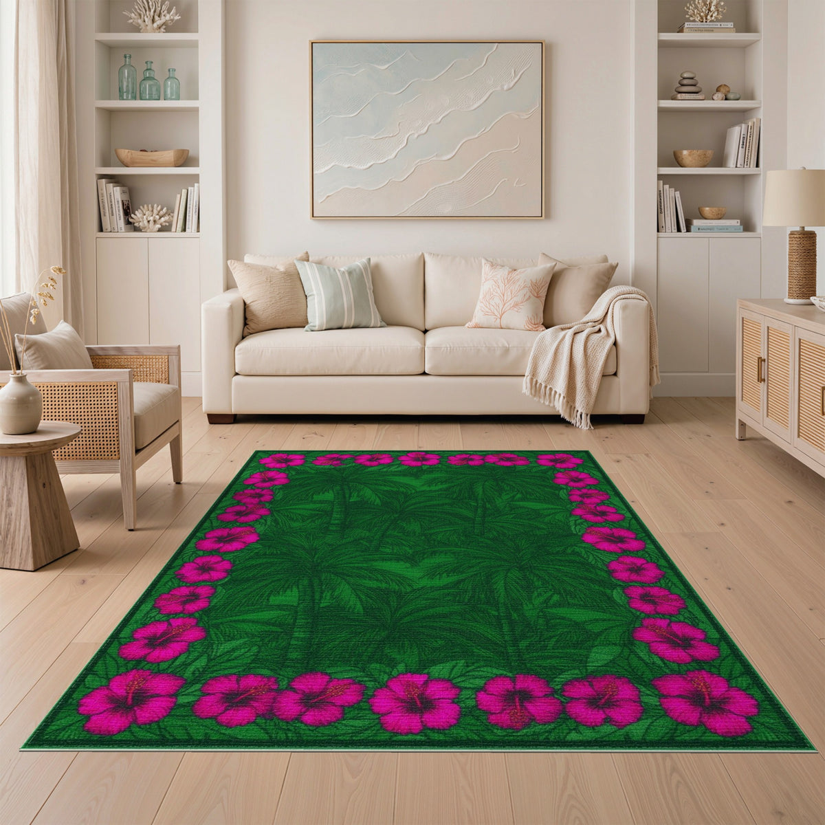 Green Palm Tree Pink Hibiscus Border Area Rug