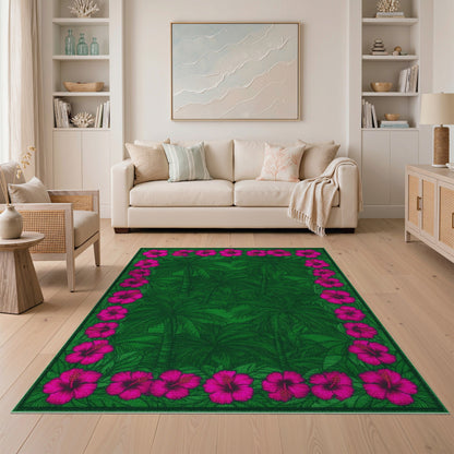 Green Palm Tree Pink Hibiscus Border Area Rug