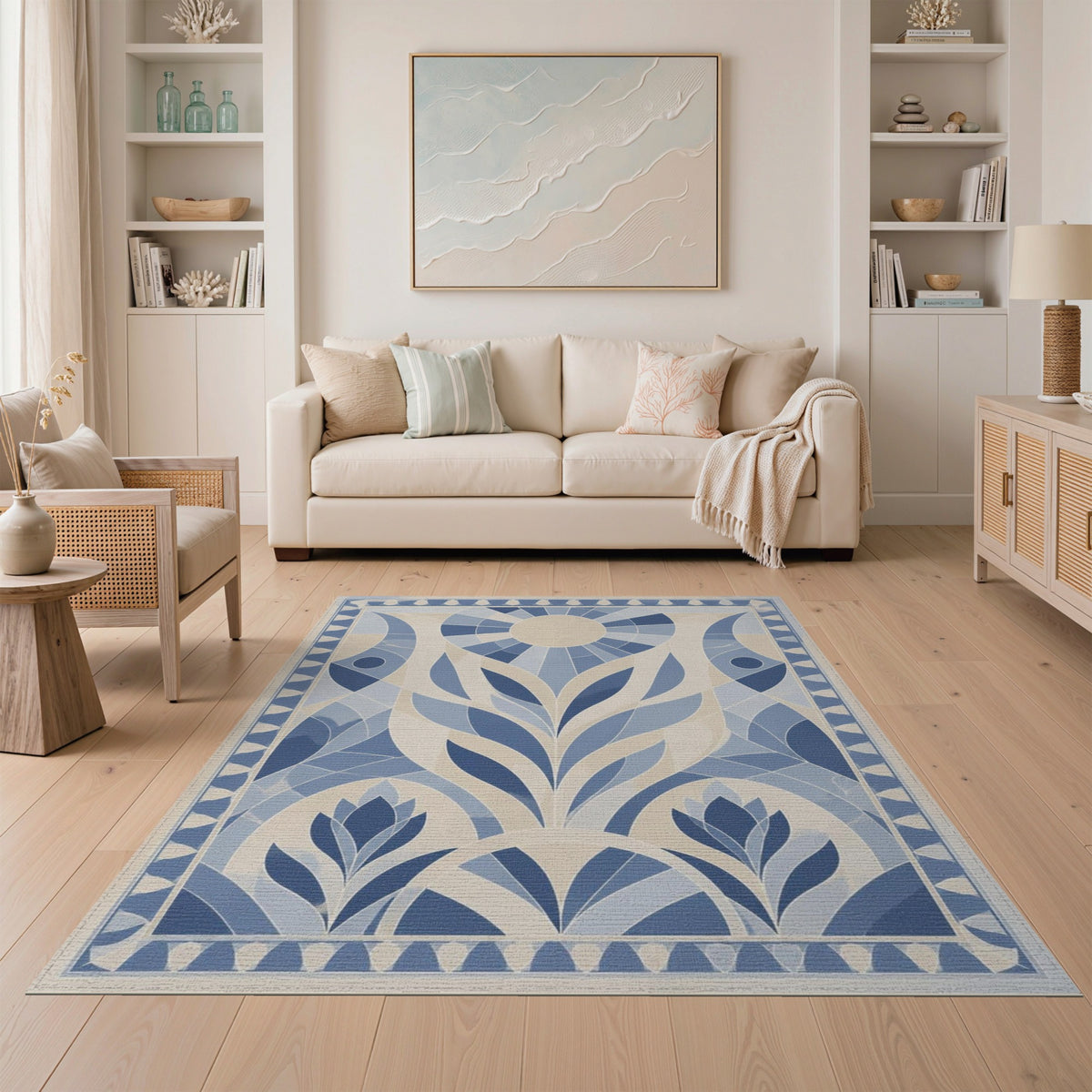 Blue and Teal Blue Geometric Sunburst Area Rug