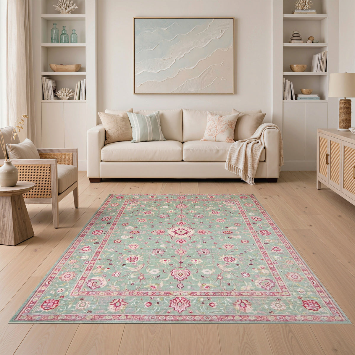 Mint Green Pink Floral Vintage Area Rug