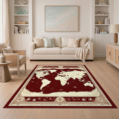 Vintage Red World Map Area Rug