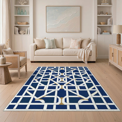 Navy Blue Geometric Lattice Blue and Teal Area Rug