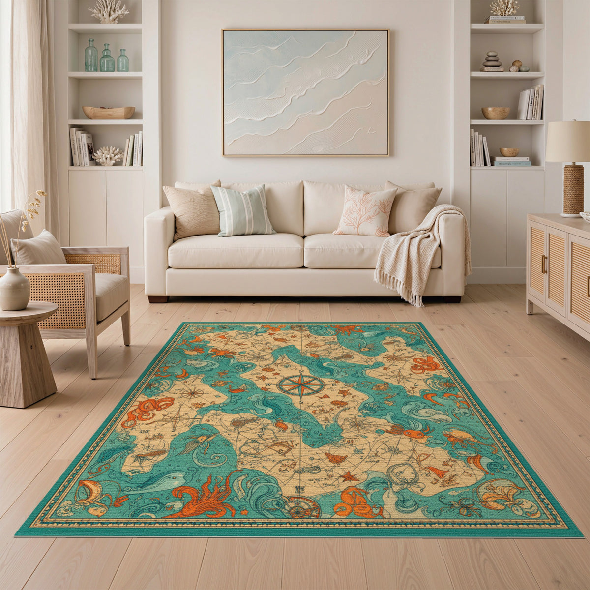 Vintage Nautical Map Octopus Area Rug