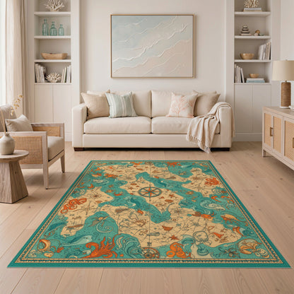 Vintage Nautical Map Octopus Area Rug