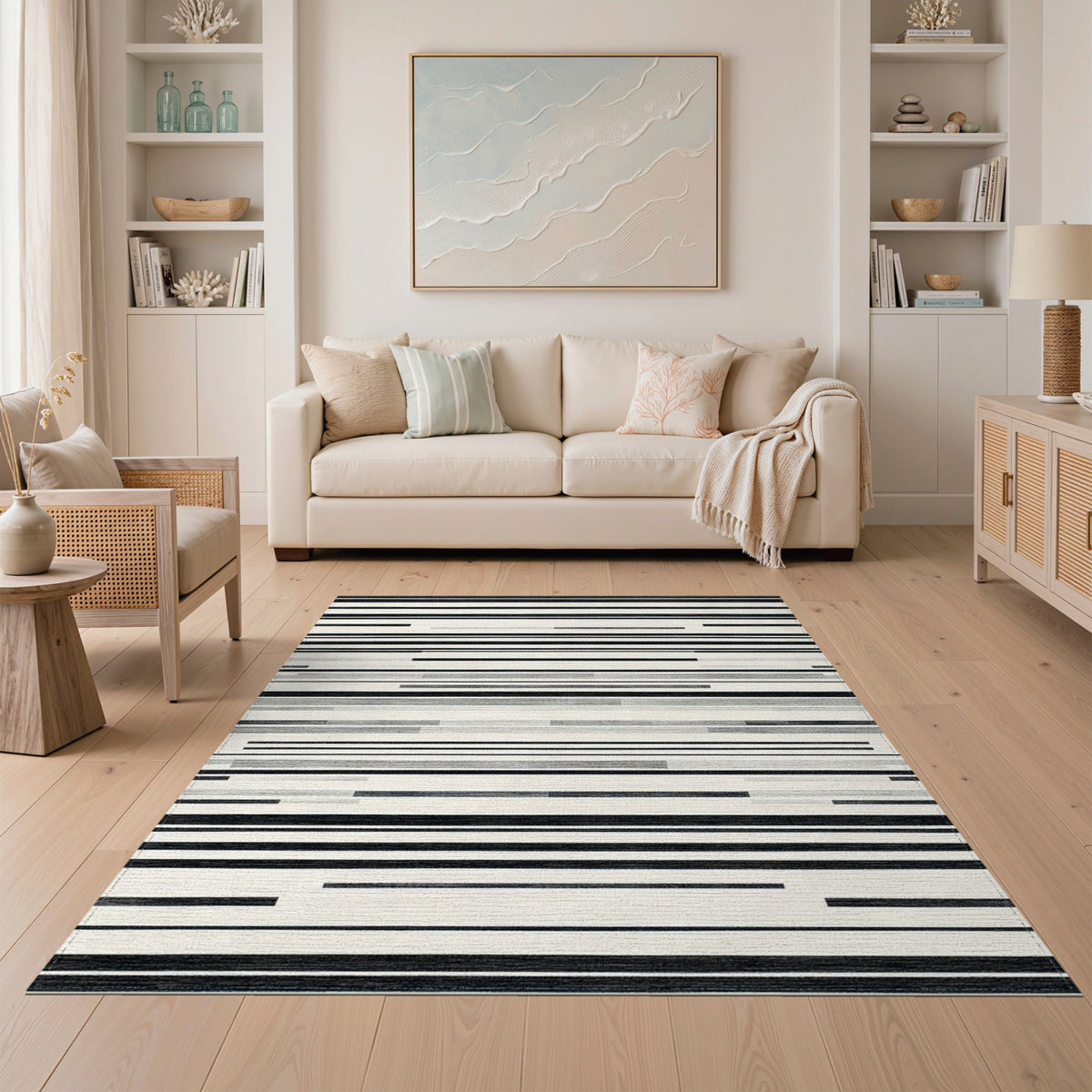Black White Striped Geometric Area Rug