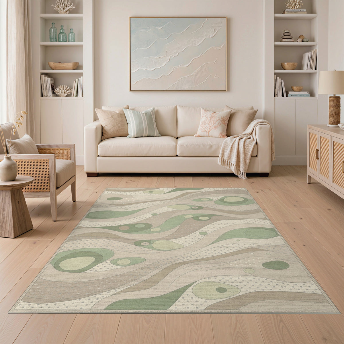 Beige and Neutral Organic Wave Beige Area Rug