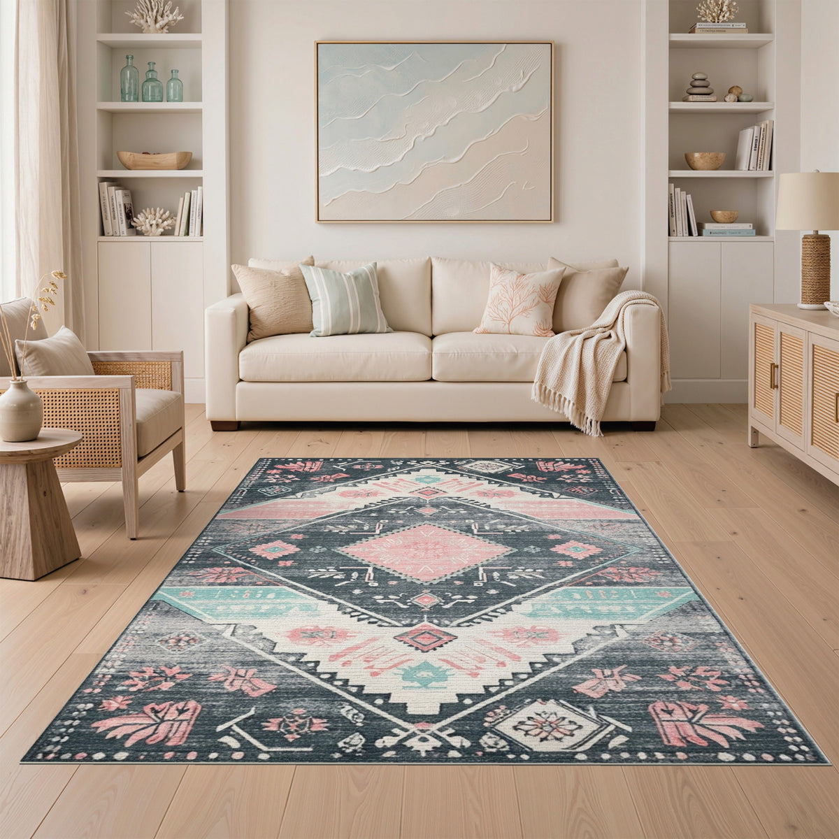 Grey Pink Tribal Area Rug