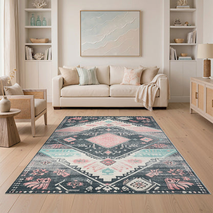 Grey Pink Tribal Area Rug