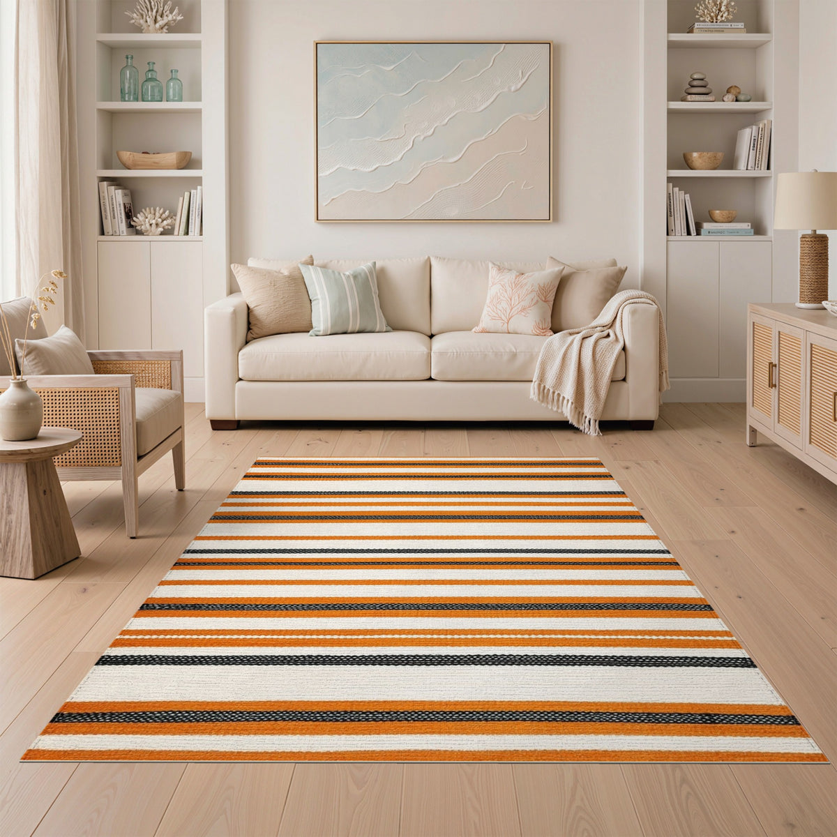 Orange Black Striped Geometric Area Rug