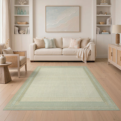 Washable Beige Geometric Border Rug