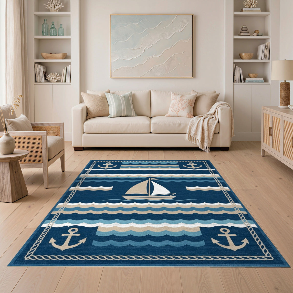 Navy Blue Sailboat Anchor Coastal Area Rug