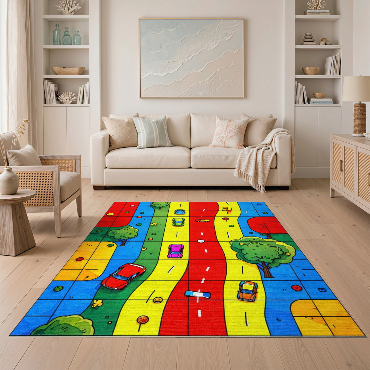 Multi-Color Kids Cartoon Traffic Area Rug