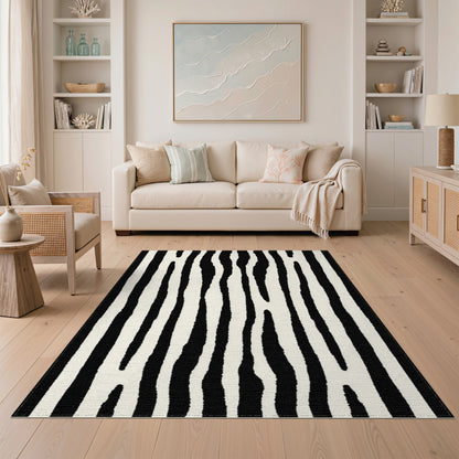 Geometric Modern Black and White Black White Wavy Stripe Area Rug