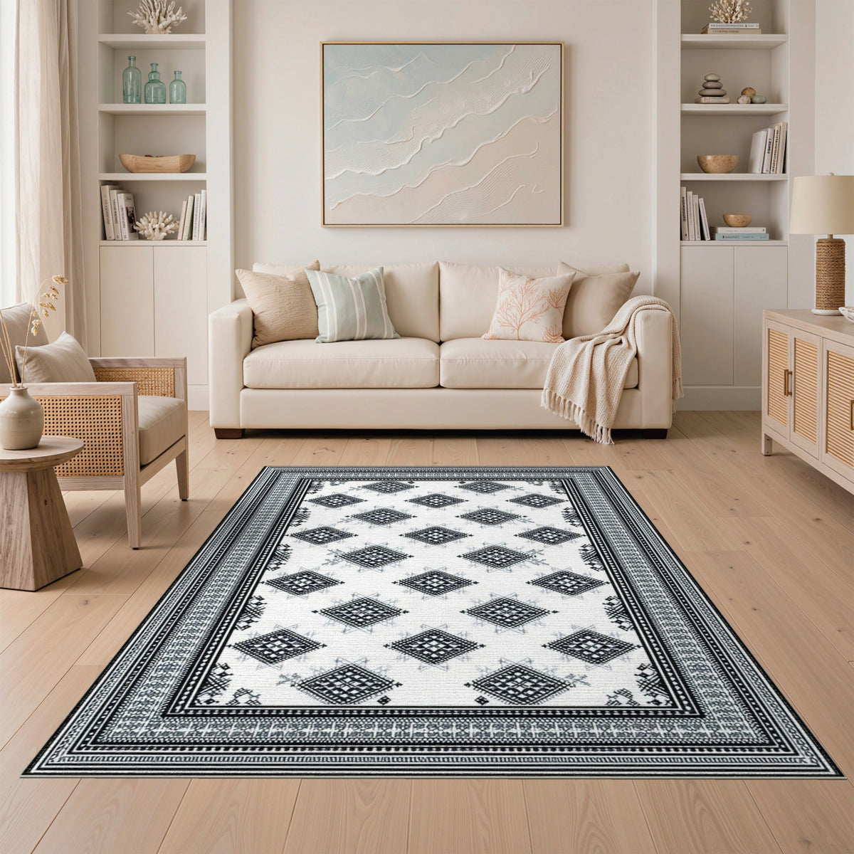 Black White Heritage Tribal Area Rug