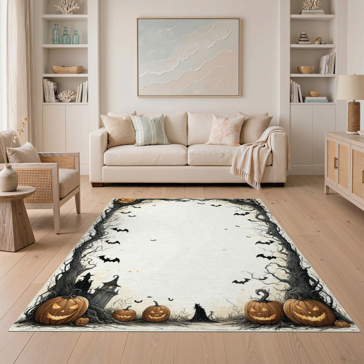 Spooky Halloween Pumpkin Bat Border Area Rug