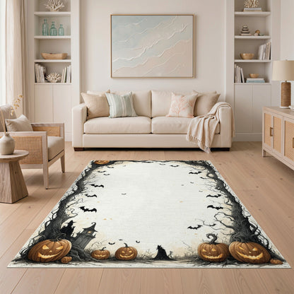 Spooky Halloween Pumpkin Bat Border Area Rug