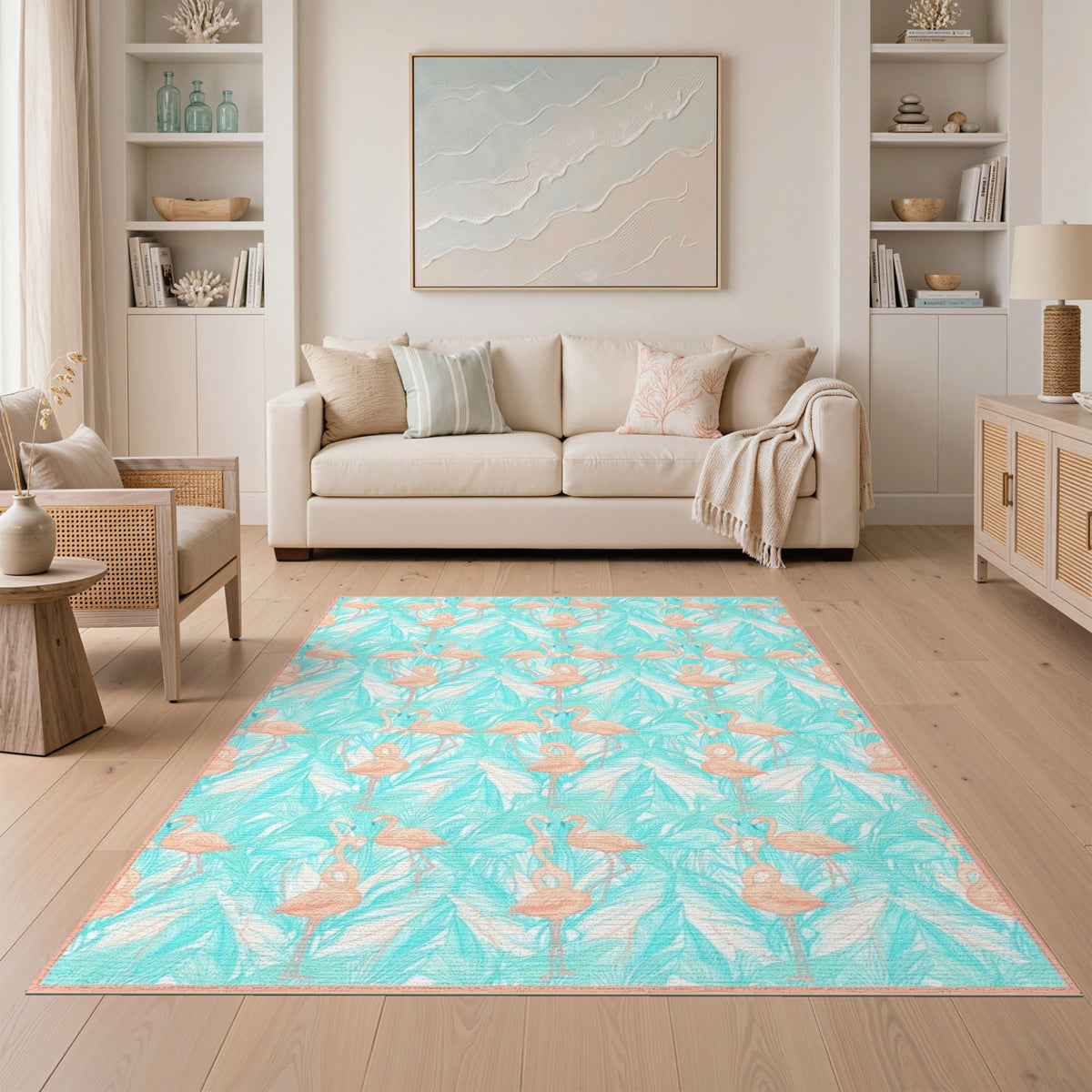 Pink Flamingo Teal Palm Washable Area Rug