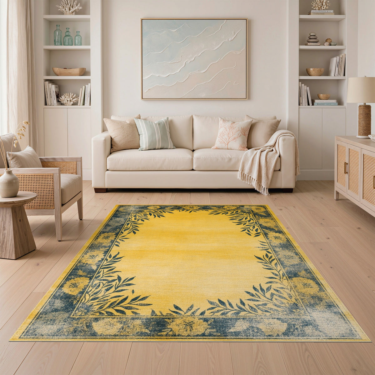 Yellow Floral Vintage Distressed Rug