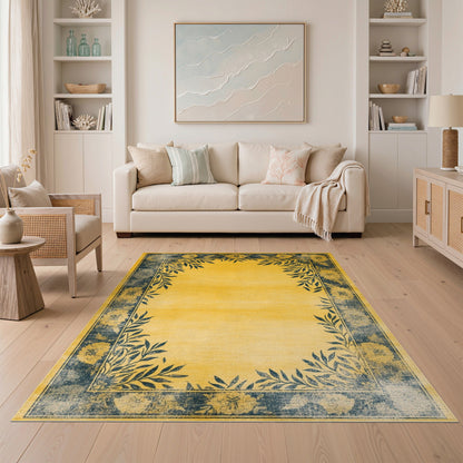 Yellow Floral Vintage Distressed Rug