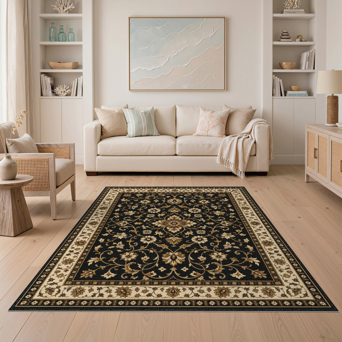 Black Floral Medallion Area Rug
