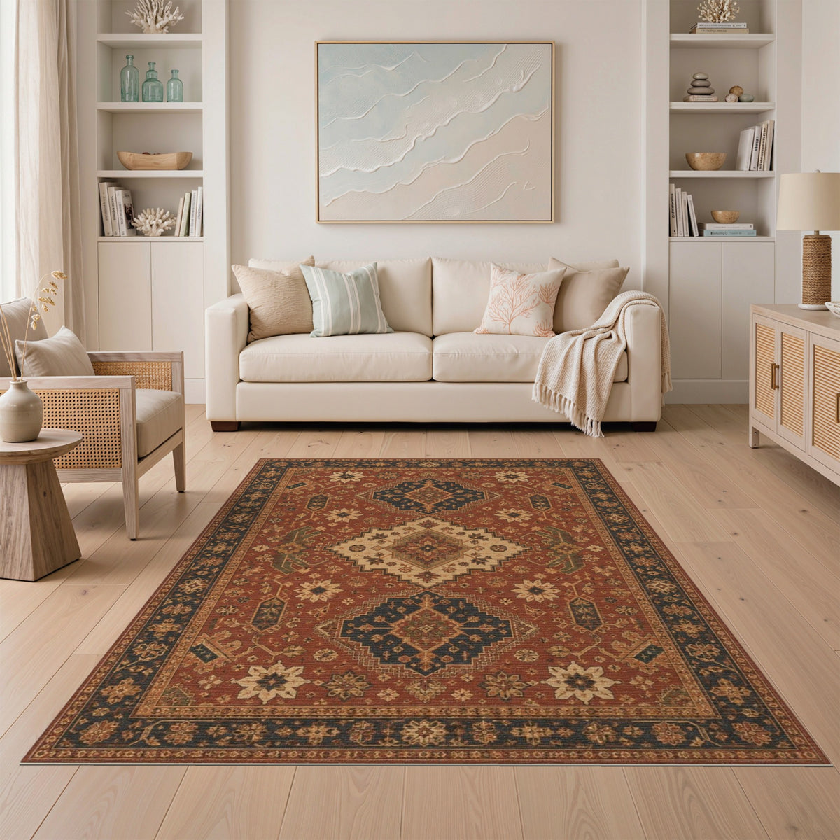 Traditional Red Persian Area Rug with Blue Medallions