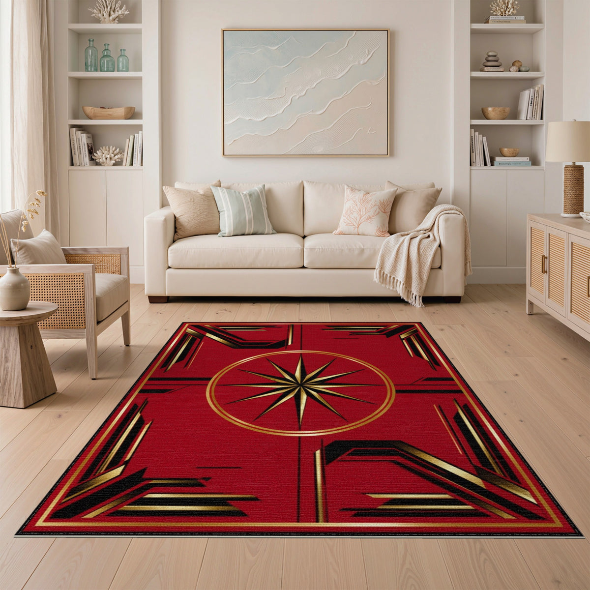 Geometric Modern Red Gold Starburst Geometric Area Rug