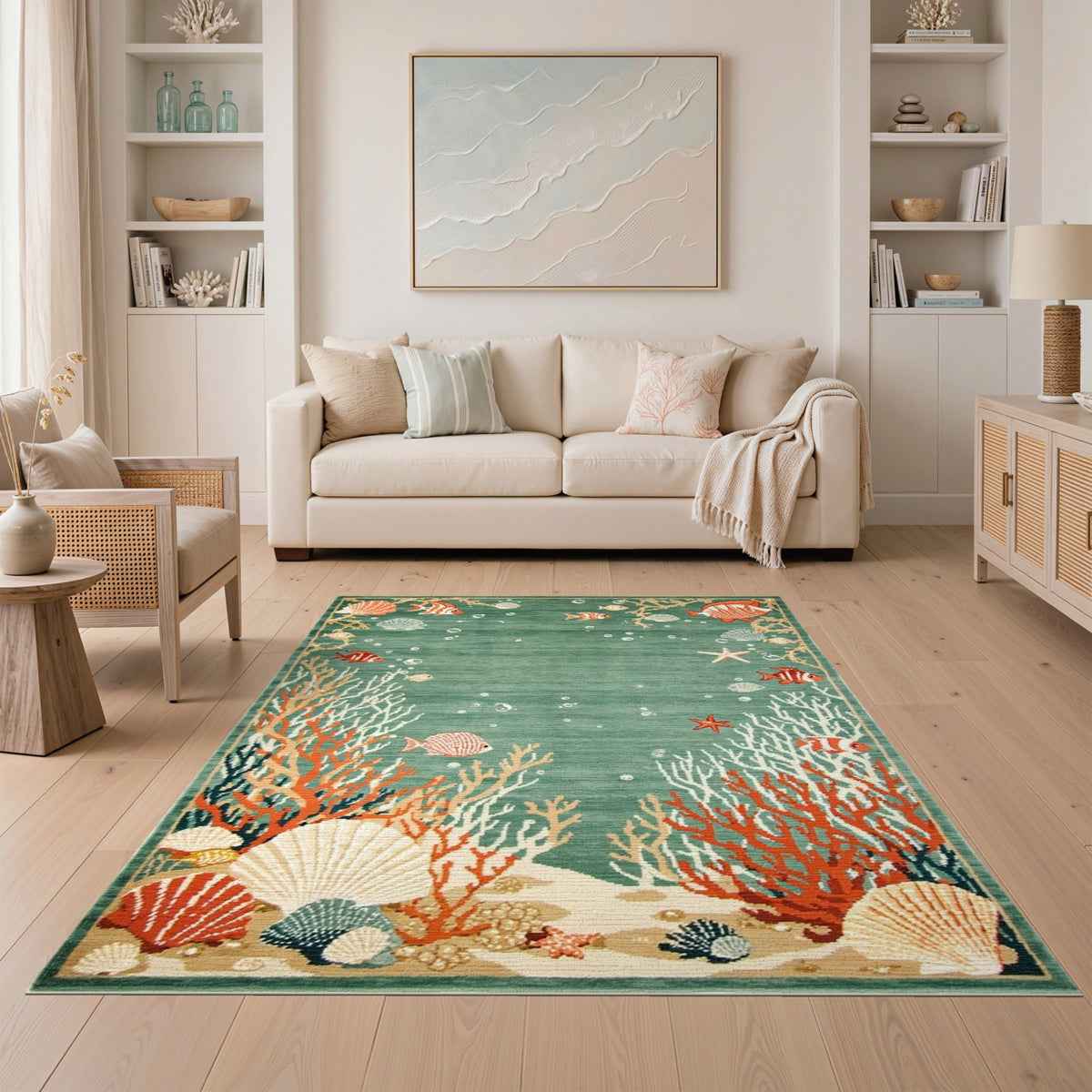 Teal Ocean Reef Washable Area Rug