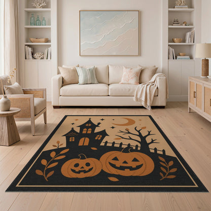 Spooky Haunted House Orange Pumpkins Area Rug