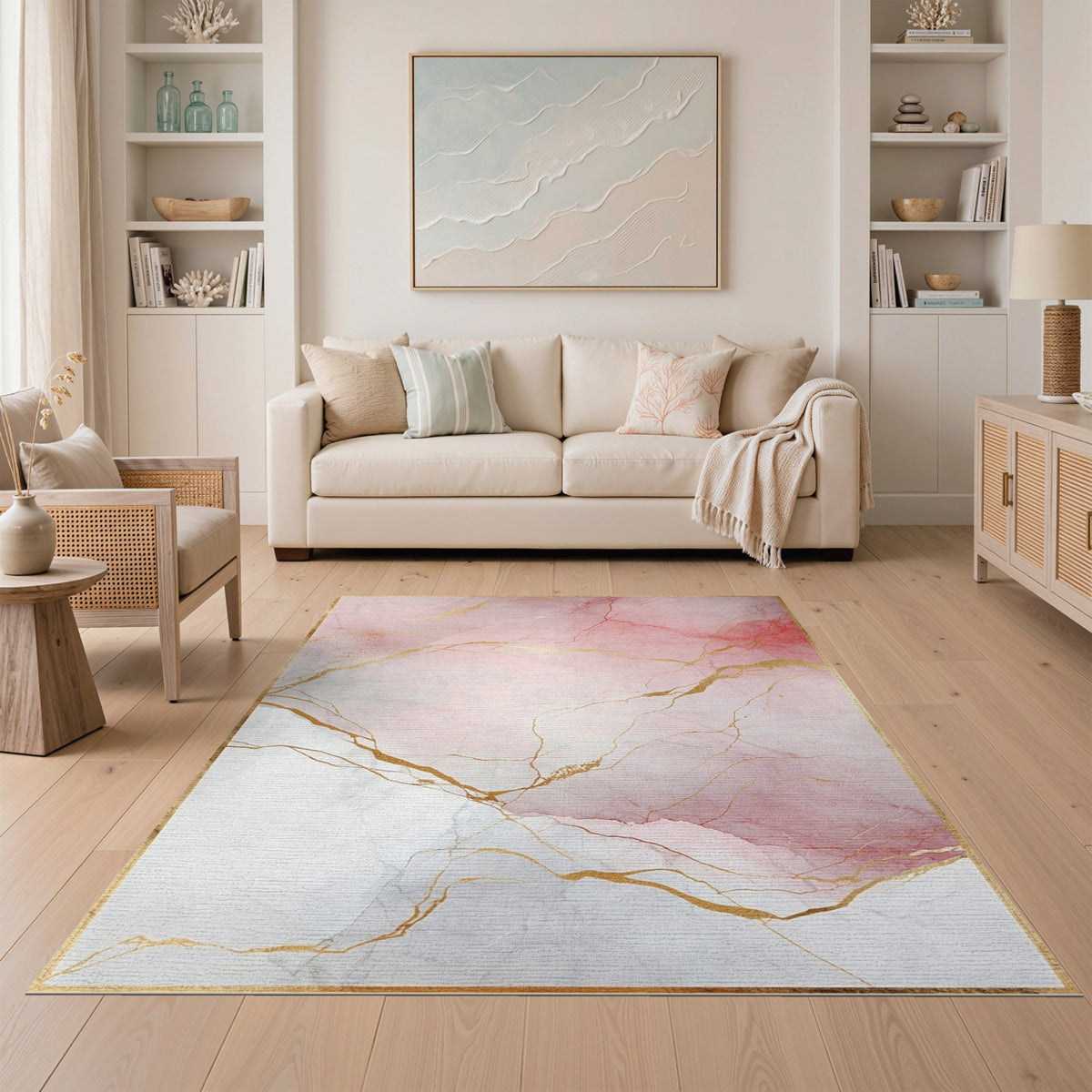 Abstract Area Pink Marble Gold Vein Abstract Area Rug