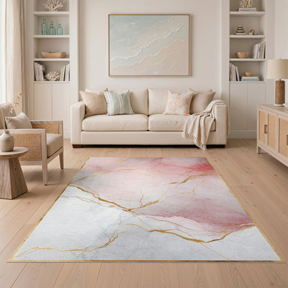 Abstract Area Pink Marble Gold Vein Abstract Area Rug