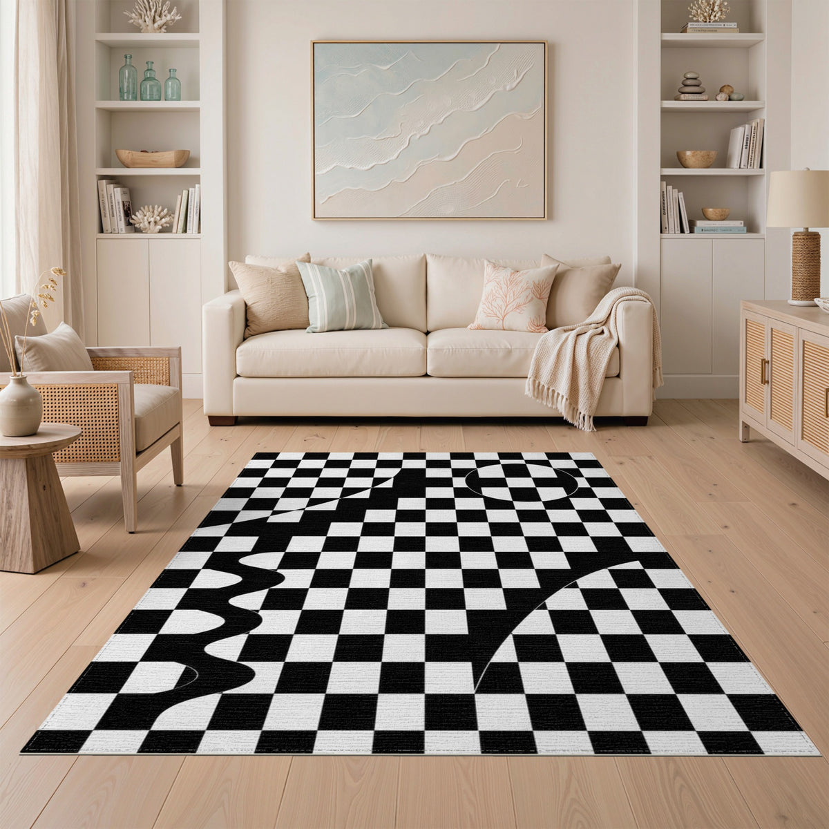 Black White Geometric Checkerboard Wave Area Rug