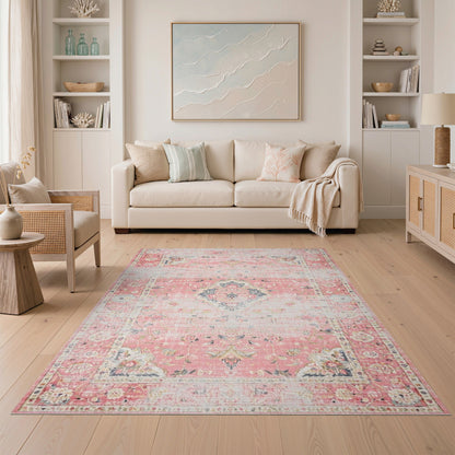 Pink Floral Vintage Washable No. 20 Area Rug
