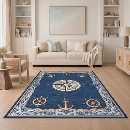 Coastal Beach Blue Nautical Compass Anchor Area Rug