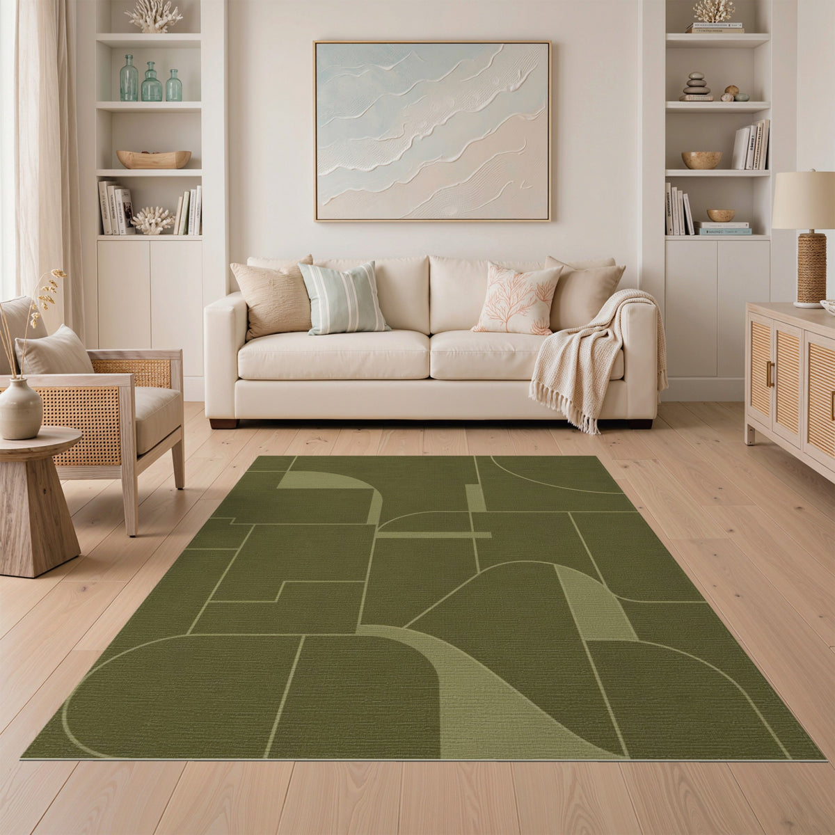 Green Olive Green Geometric Area Rug