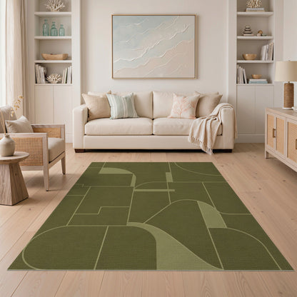 Green Olive Green Geometric Area Rug