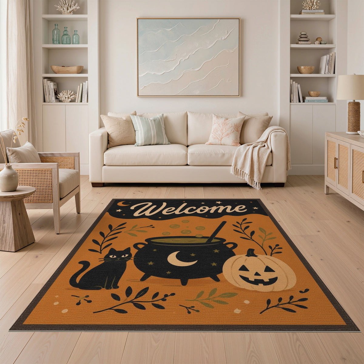 Halloween Welcome Black Cat Cauldron Rug