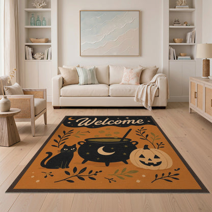 Halloween Welcome Black Cat Cauldron Rug