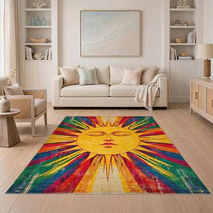 Vibrant Sun Face Distressed Vintage Rug