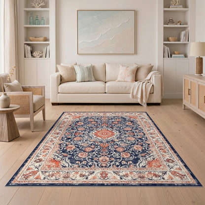 Distressed Blue Floral Medallion Area Rug