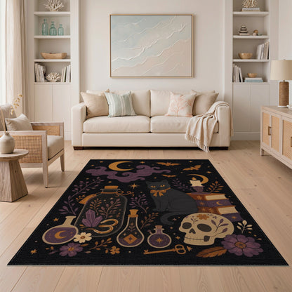 Mystic Black Cat Skull Washable Area Rug