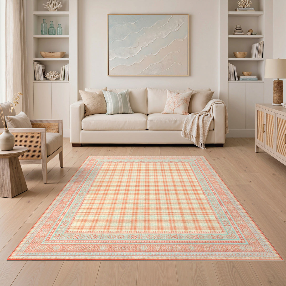 Orange Gingham Area Rug with Teal Border