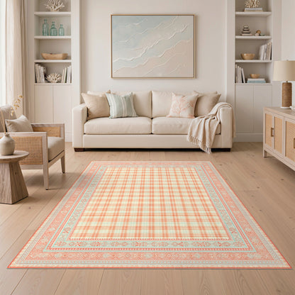 Orange Gingham Area Rug with Teal Border