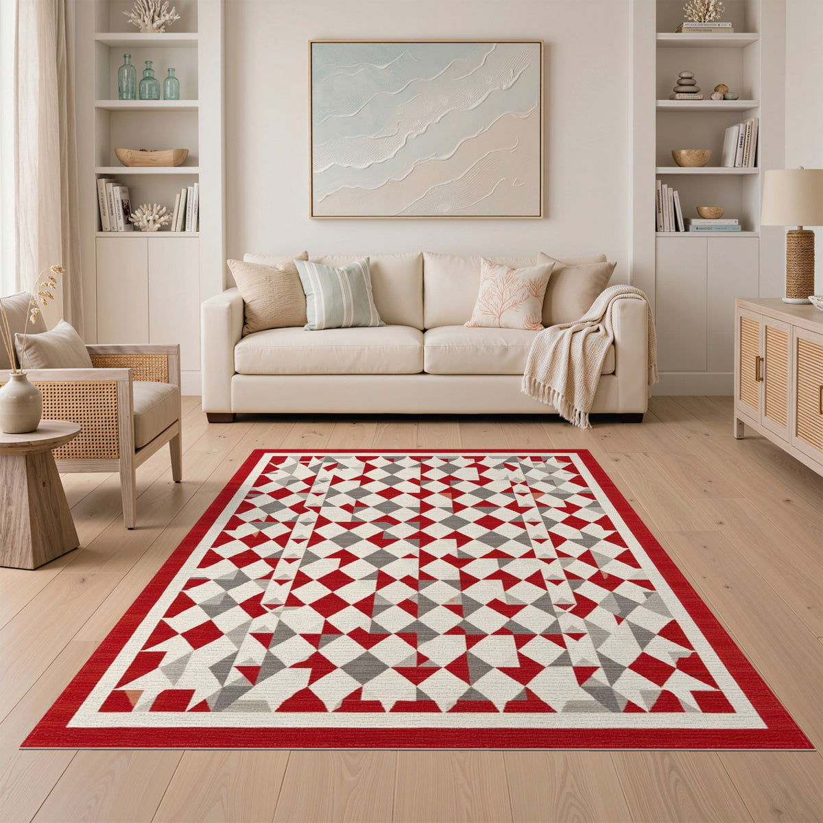 Red Grey Geometric Diamond Area Rug