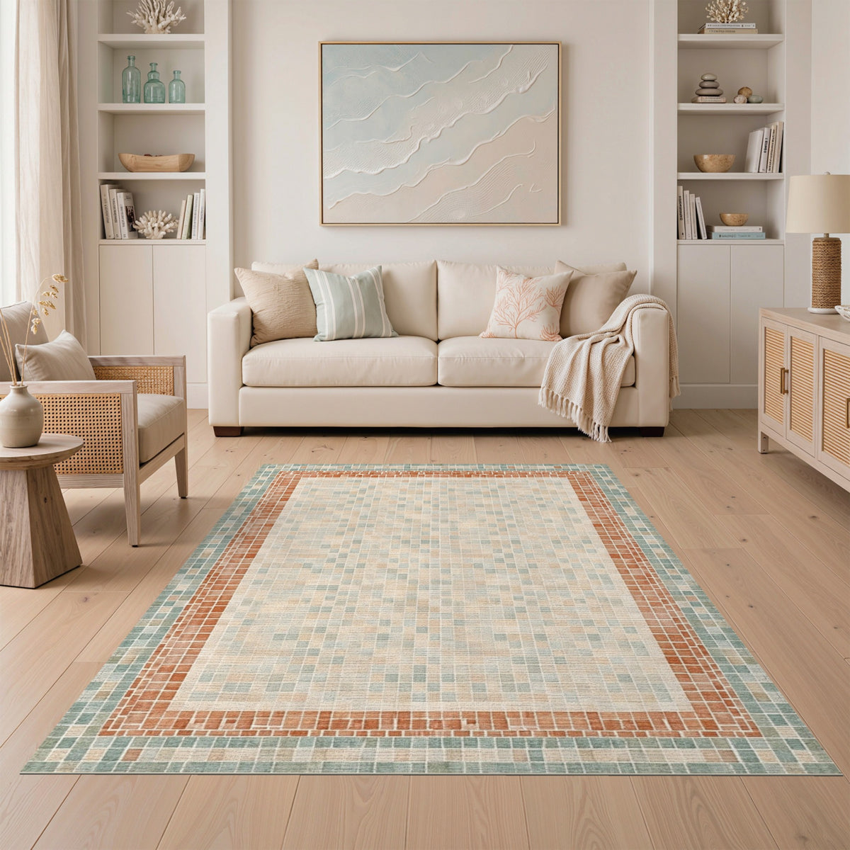 Beige Mosaic Tile Area Rug with Terracotta Border
